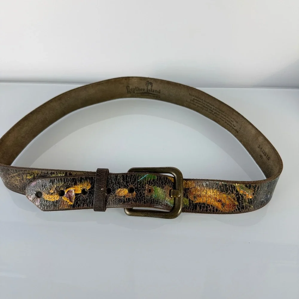 Leather Island Belt Mens 40 Snakes Brown Italian Leather Hand Stained Distressed